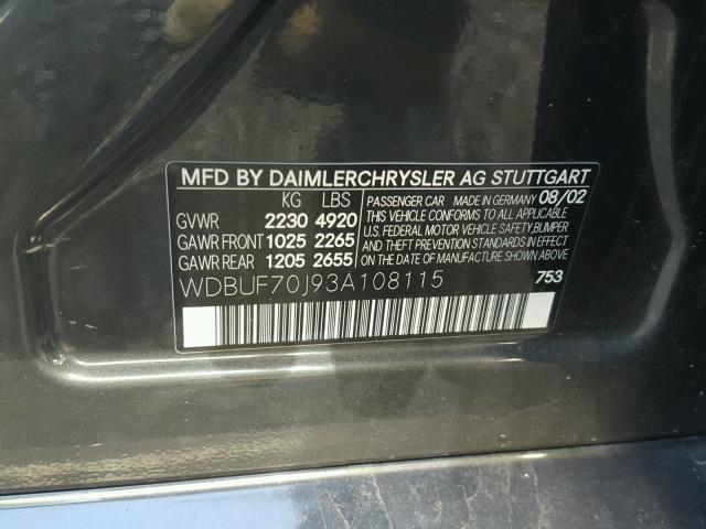 WDBUF70J93A108115 - 2003 MERCEDES-BENZ E 500 BLACK photo 10