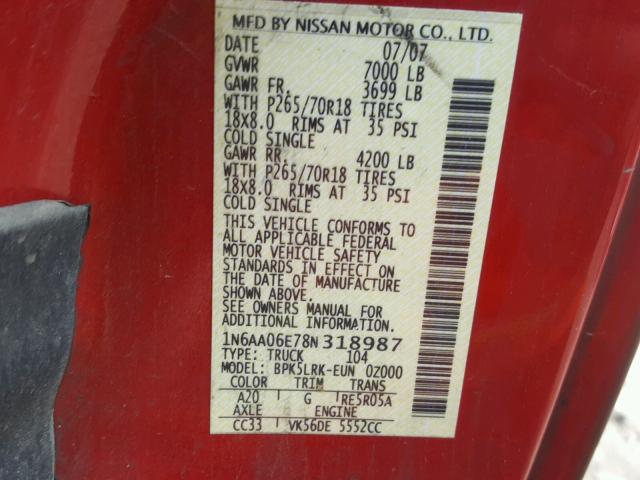 1N6AA06E78N318987 - 2008 NISSAN TITAN XE RED photo 10