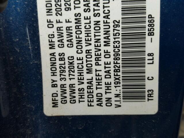 19XFB2F89CE315792 - 2012 HONDA CIVIC EX Mavi foto 10