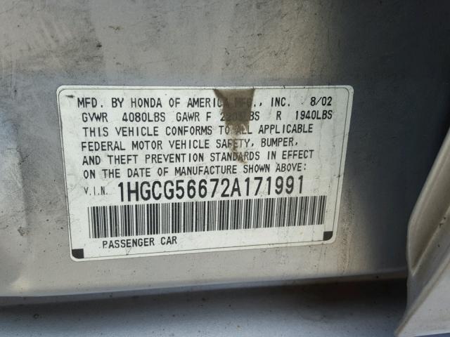 1HGCG56672A171991 - 2002 HONDA ACCORD EX SILVER photo 10