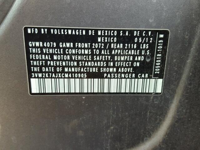3VW2K7AJXCM410905 - 2012 VOLKSWAGEN JETTA BASE ნაცრისფერი ფოტო 10