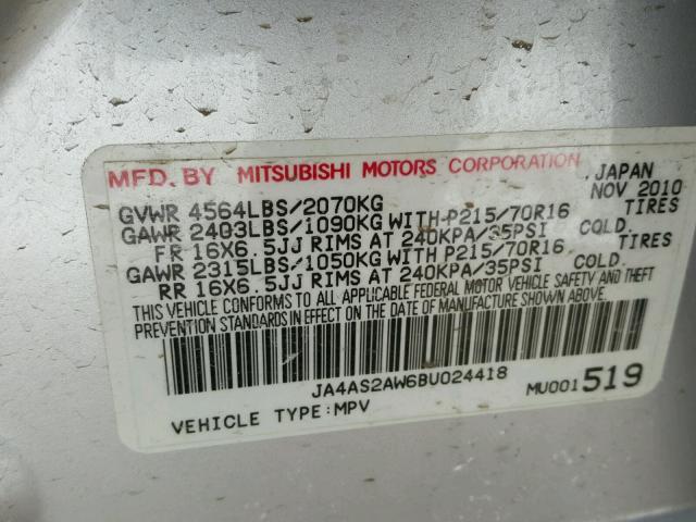 JA4AS2AW6BU024418 - 2011 MITSUBISHI OUTLANDER SILVER photo 10