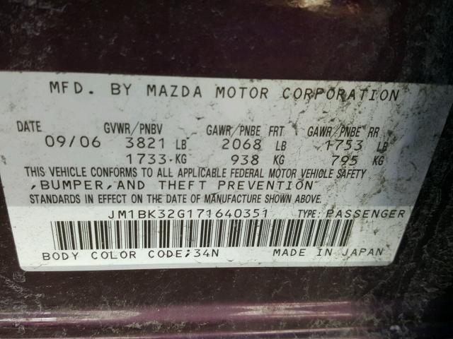 JM1BK32G171640351 - 2007 MAZDA 3 I PURPLE photo 10