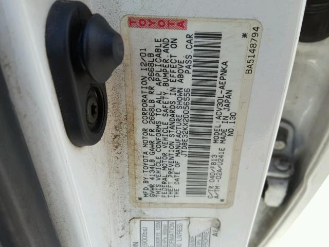 JTDBE32KX20056556 - 2002 TOYOTA CAMRY LE WHITE photo 10