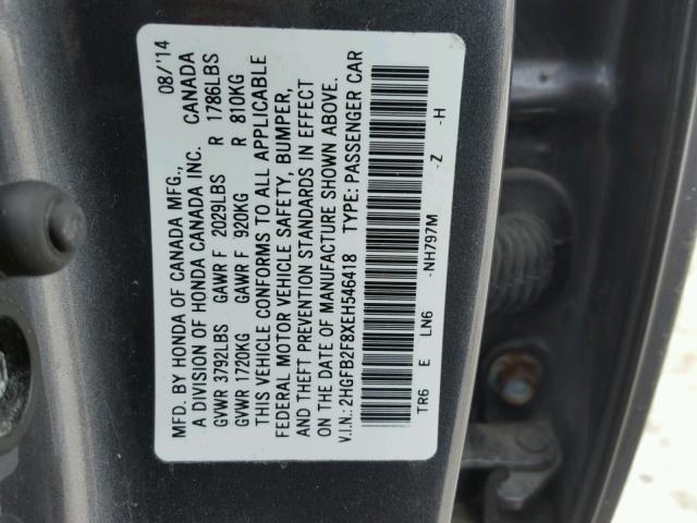 2HGFB2F8XEH546418 - 2014 HONDA CIVIC EX GRAY photo 10