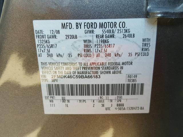 2FMDK46C59BA66183 - 2009 FORD EDGE SE GRAY photo 10