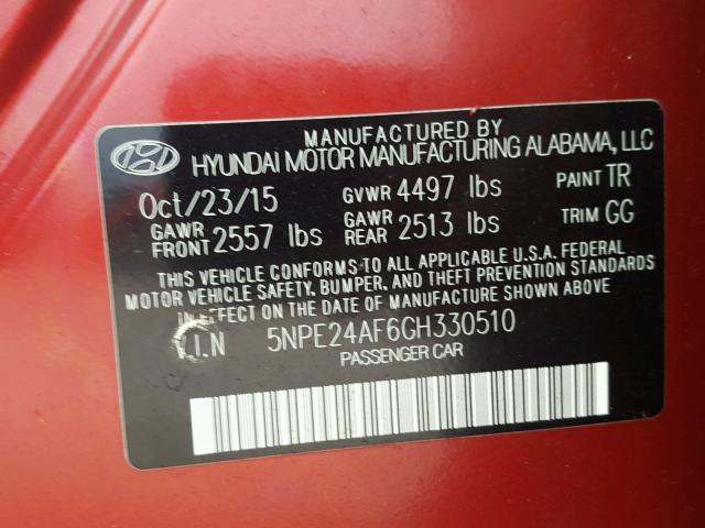 5NPE24AF6GH330510 - 2016 HYUNDAI SONATA SE RED photo 10