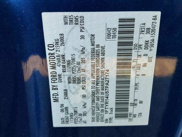 1FTYR14U57PA27174 - 2007 FORD RANGER SUP BLUE photo 10