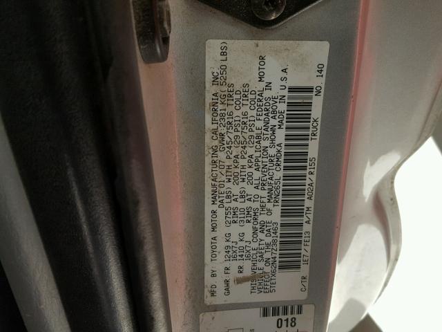 5TETX62N47Z381463 - 2007 TOYOTA TACOMA PRE SILVER photo 10