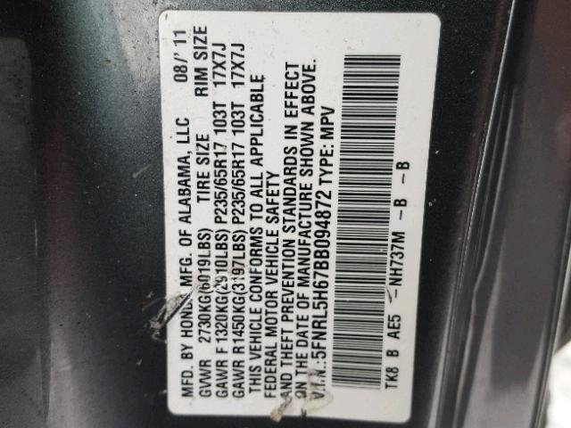 5FNRL5H67BB094872 - 2011 HONDA ODYSSEY EX GRAY photo 10