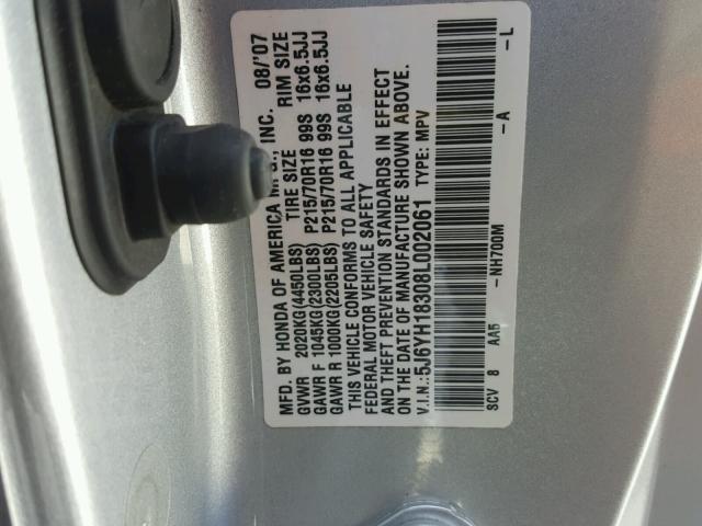 5J6YH18308L002061 - 2008 HONDA ELEMENT LX GRAY photo 10