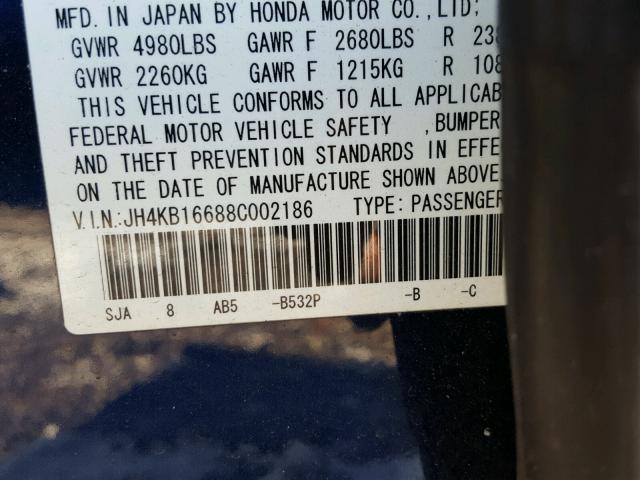 JH4KB16688C002186 - 2008 ACURA RL ლურჯი ფოტო 10