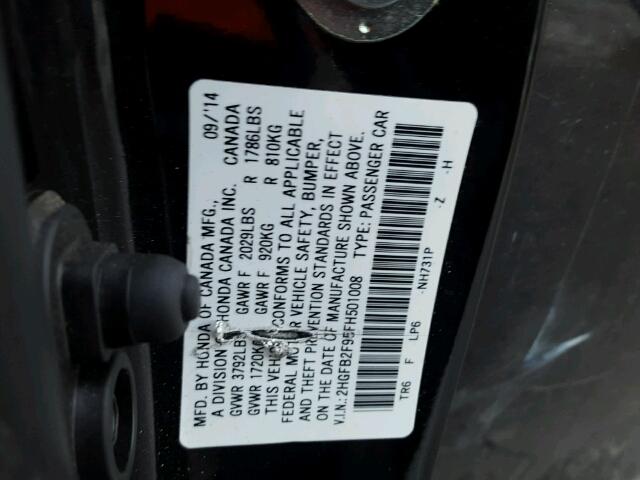 2HGFB2F95FH501008 - 2015 HONDA CIVIC EXL 黑色 照片 10