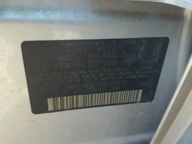 KMHFC46F56A068992 - 2006 HYUNDAI AZERA SE SILVER photo 10