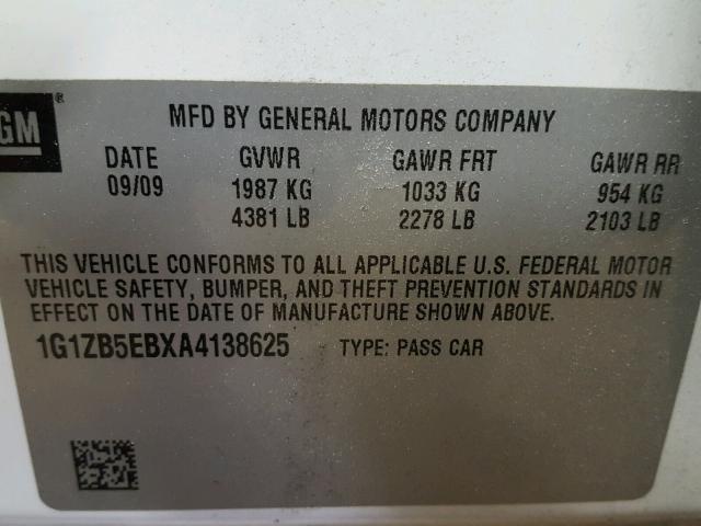 1G1ZB5EBXA4138625 - 2010 CHEVROLET MALIBU LS WHITE photo 10