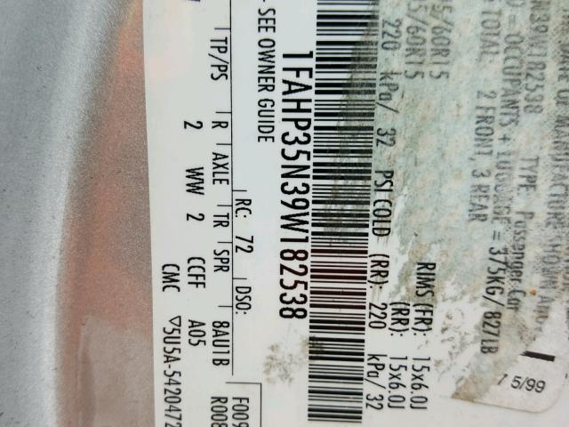 1FAHP35N39W182538 - 2009 FORD FOCUS SE SILVER photo 10