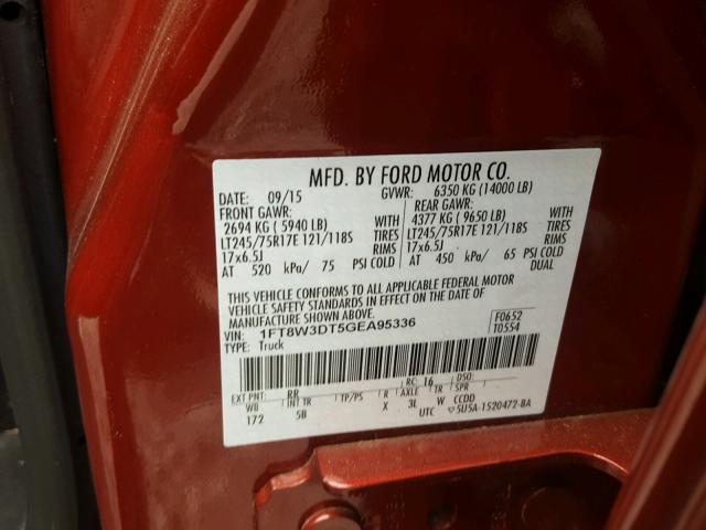 1FT8W3DT5GEA95336 - 2016 FORD F350 SUPER RED photo 10