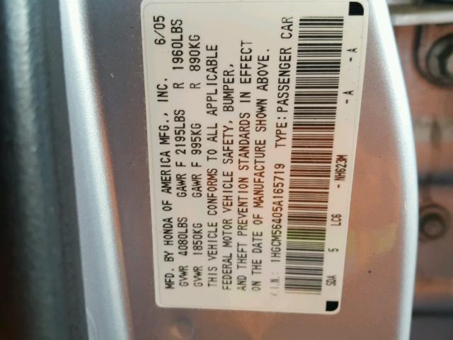 1HGCM56405A165719 - 2005 HONDA ACCORD LX SILVER photo 10