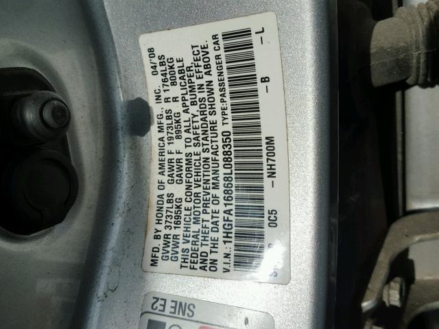 1HGFA16868L088350 - 2008 HONDA CIVIC EX ვერცხლისფერი ფოტო 10