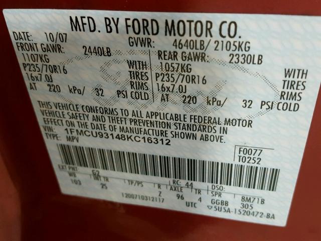 1FMCU93148KC16312 - 2008 FORD ESCAPE XLT RED photo 10