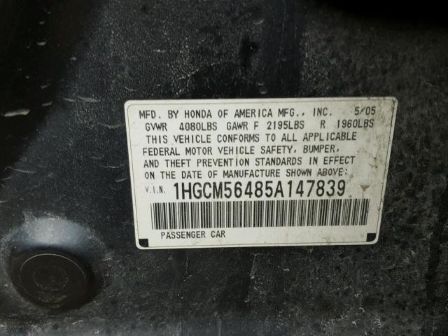 1HGCM56485A147839 - 2005 HONDA ACCORD LX CHARCOAL photo 10