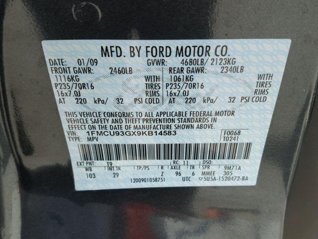 1FMCU93GX9KB14583 - 2009 FORD ESCAPE XLT CHARCOAL photo 10