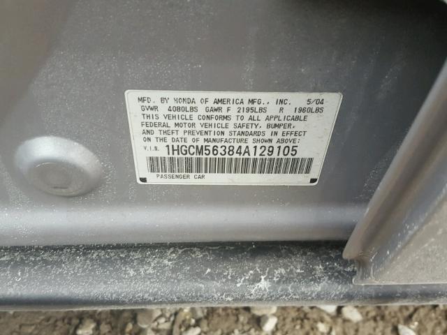 1HGCM56384A129105 - 2004 HONDA ACCORD LX SILVER photo 10