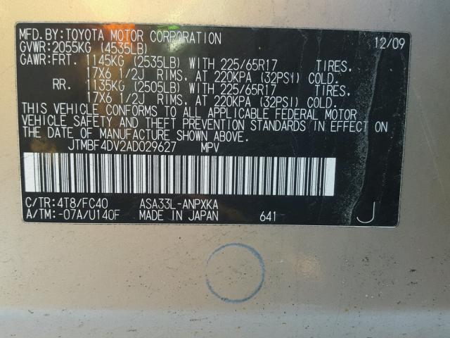 JTMBF4DV2AD029627 - 2010 TOYOTA RAV4 TAN photo 10