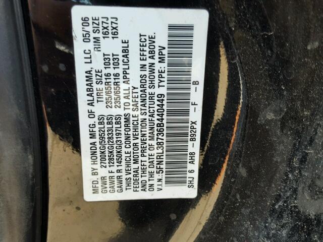 5FNRL38736B440449 - 2006 HONDA ODYSSEY EX BLACK photo 10