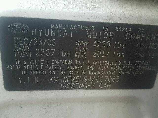 KMHWF25H94A017085 - 2004 HYUNDAI SONATA GL WHITE photo 10