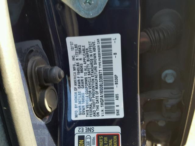 1HGFA16508L038971 - 2008 HONDA CIVIC LX BLUE photo 10