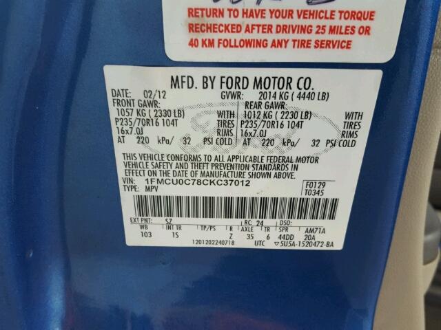 1FMCU0C78CKC37012 - 2012 FORD ESCAPE XLS BLUE photo 10