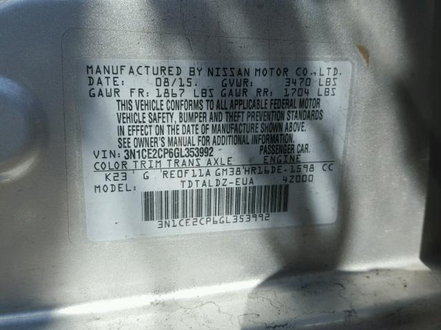 3N1CE2CP6GL353992 - 2016 NISSAN VERSA NOTE SILVER photo 10