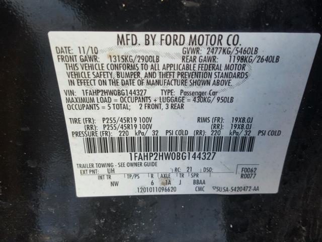 1FAHP2HW0BG144327 - 2011 FORD TAURUS SEL BLACK photo 10