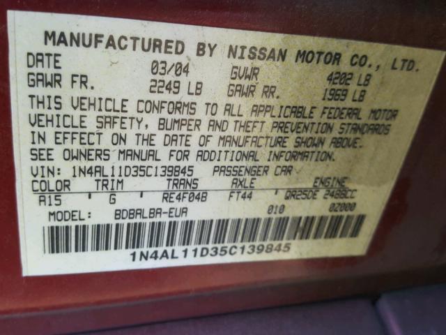 1N4AL11D35C139845 - 2005 NISSAN ALTIMA S RED photo 10