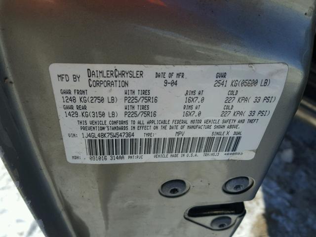 1J4GL48K75W547364 - 2005 JEEP LIBERTY SP BEIGE photo 10