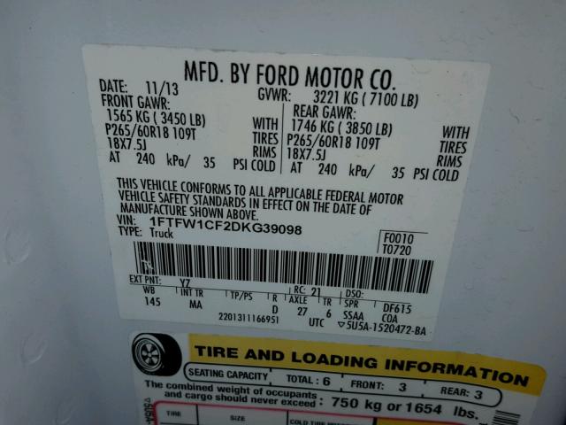 1FTFW1CF2DKG39098 - 2013 FORD F150 SUPER WHITE photo 10