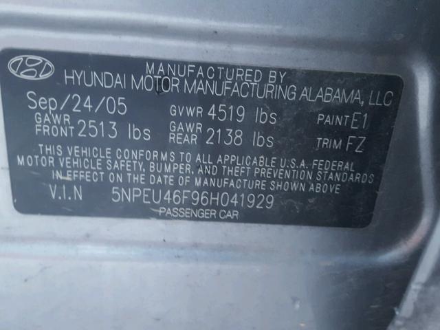 5NPEU46F96H041929 - 2006 HYUNDAI SONATA GLS SILVER photo 10