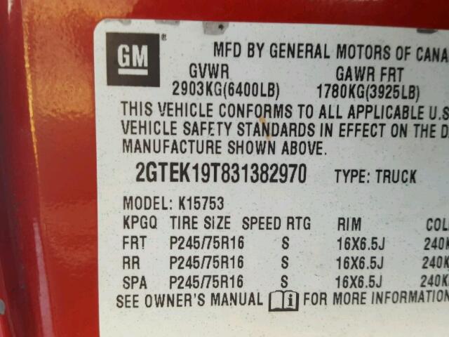 2GTEK19T831382970 - 2003 GMC NEW SIERRA RED photo 10