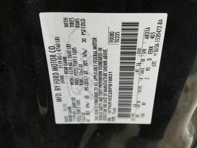 1FTKR1EE2BPB18831 - 2011 FORD RANGER SUP BLACK photo 10