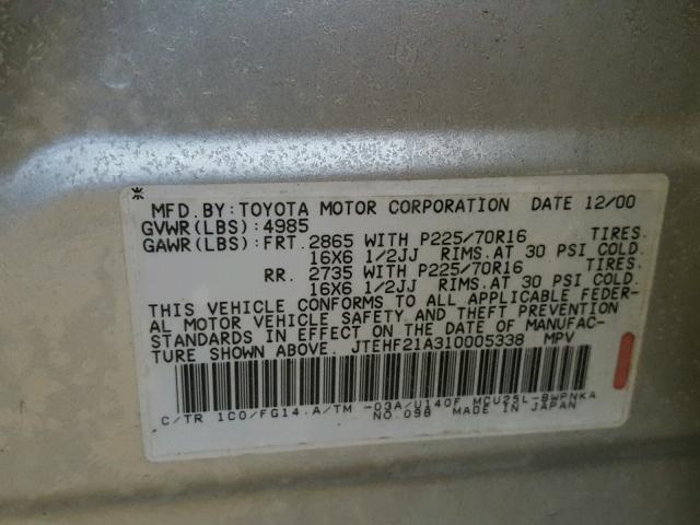 JTEHF21A310005338 - 2001 TOYOTA HIGHLANDER SILVER photo 10