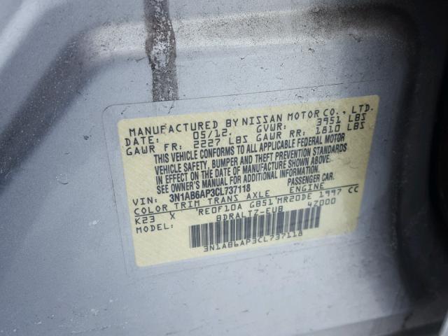 3N1AB6AP3CL737118 - 2012 NISSAN SENTRA 2.0 SILVER photo 10