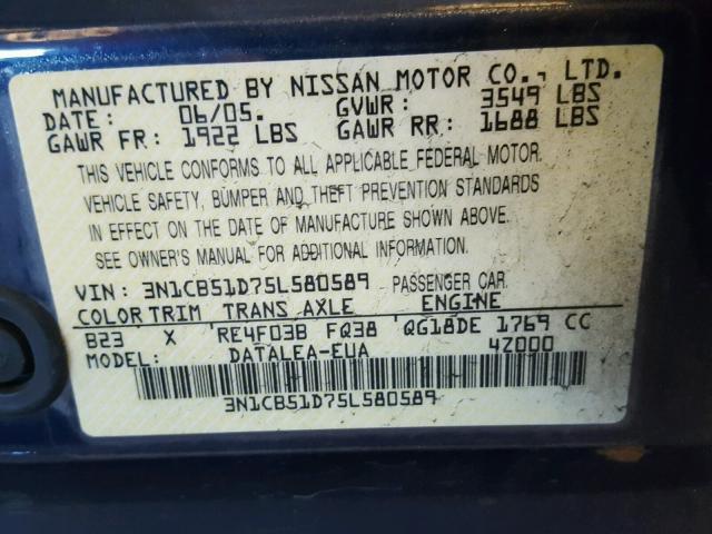 3N1CB51D75L580589 - 2005 NISSAN SENTRA 1.8 BLUE photo 10