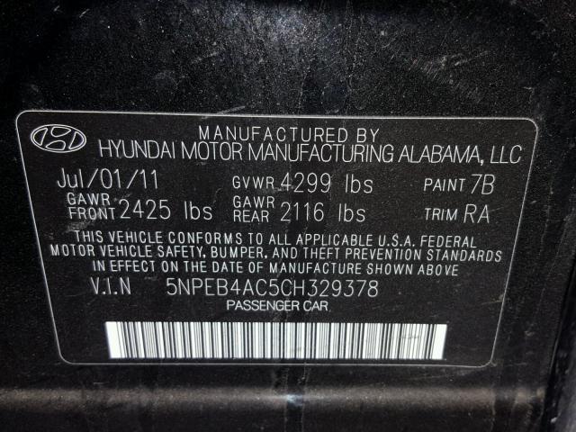 5NPEB4AC5CH329378 - 2012 HYUNDAI SONATA GLS BLACK photo 10