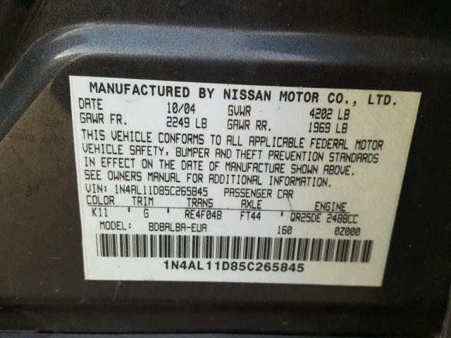 1N4AL11D85C265845 - 2005 NISSAN ALTIMA S GRAY photo 10