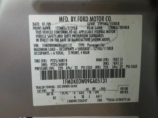 1FMDK03W09GA05131 - 2009 FORD TAURUS X L SILVER photo 10