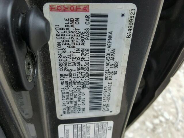 JTDBE32K220011708 - 2002 TOYOTA CAMRY LE GRAY photo 10