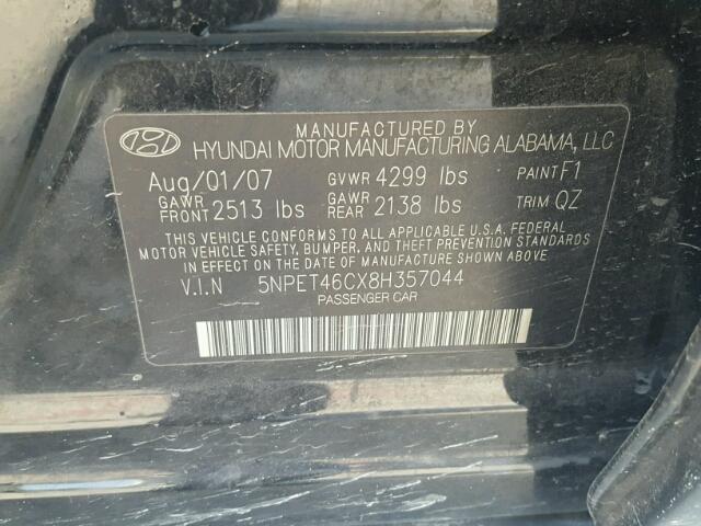 5NPET46CX8H357044 - 2008 HYUNDAI SONATA GLS BLACK photo 10