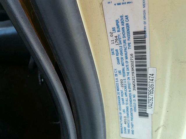 3VWCK21Y93M302716 - 2003 VOLKSWAGEN NEW BEETLE 黄色 照片 10