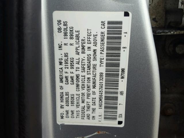 1HGCM56457A013289 - 2007 HONDA ACCORD LX SILVER photo 10